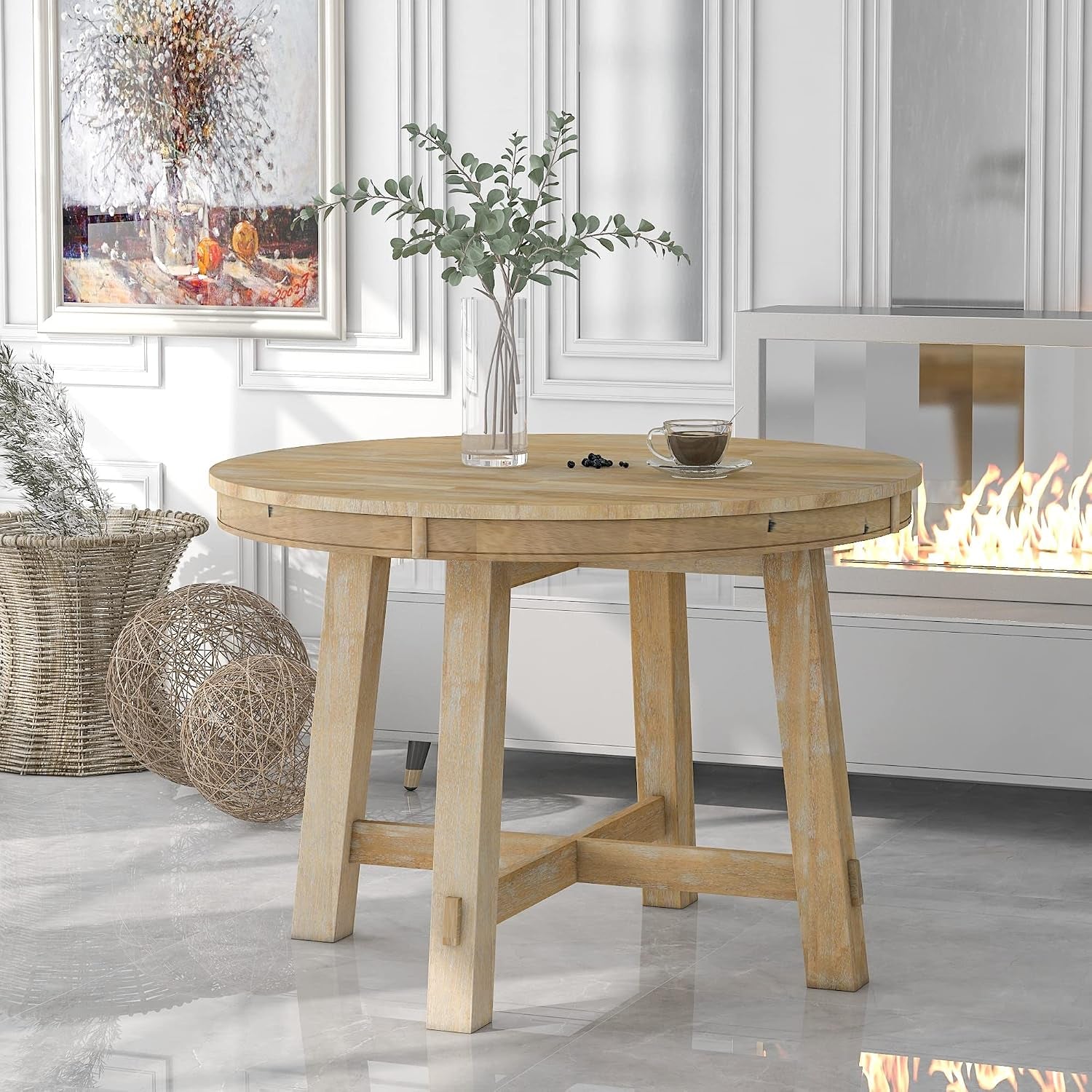 42"-58" round Extendable Dining Table, Solid Wood Dining Table with 16" Leaf, Farmhouse round Kitchen Table with Solid Wood Frame for 4-6, Natural Wood Wash