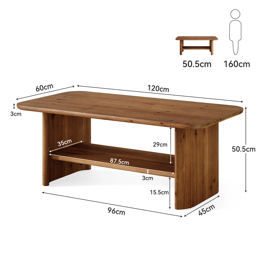 Solid Wood Coffee Table for Living Room, 47.24" Rectangle Coffee Table with Storage, 2-Tier Farmhouse Center Furniture for Home, Apartment, Office, Brown