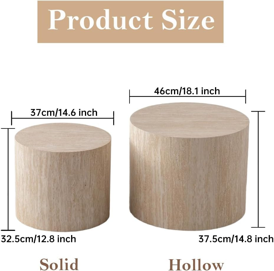 18" round Travertine Nesting Coffee Table Set of 2 (Travertine) | for Living Room, Travertine Side End Table, Nested Design, Mid Century Modern Circular Style, Non-Slip Pads, for Small Spaces