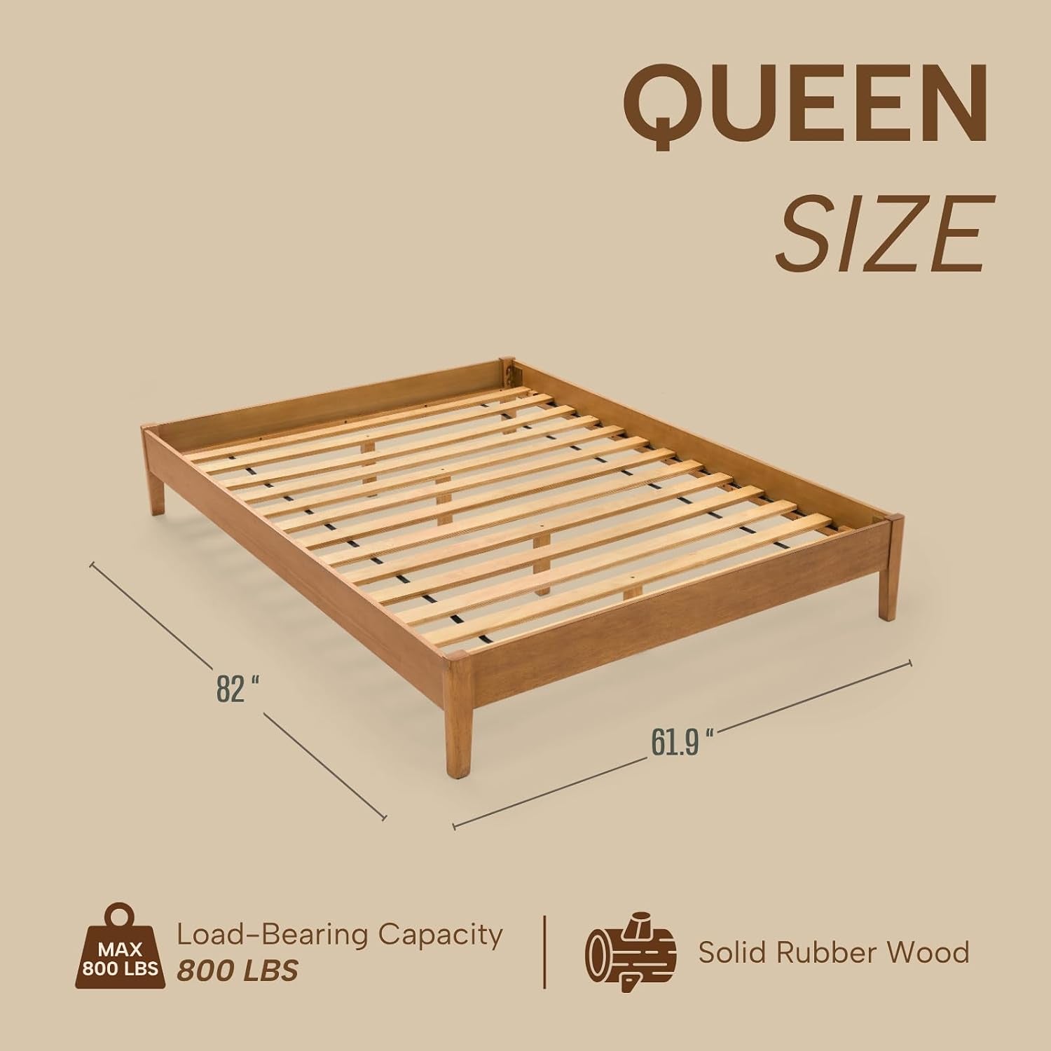 Woodmere Premium Queen Bed Frame, Solid Wood Platform Bed, Wood Slat Support, Tapered Solid Wood Legs, No Box Spring Needed, Mid-Century Modern Style, Easy Assembly (Honey)