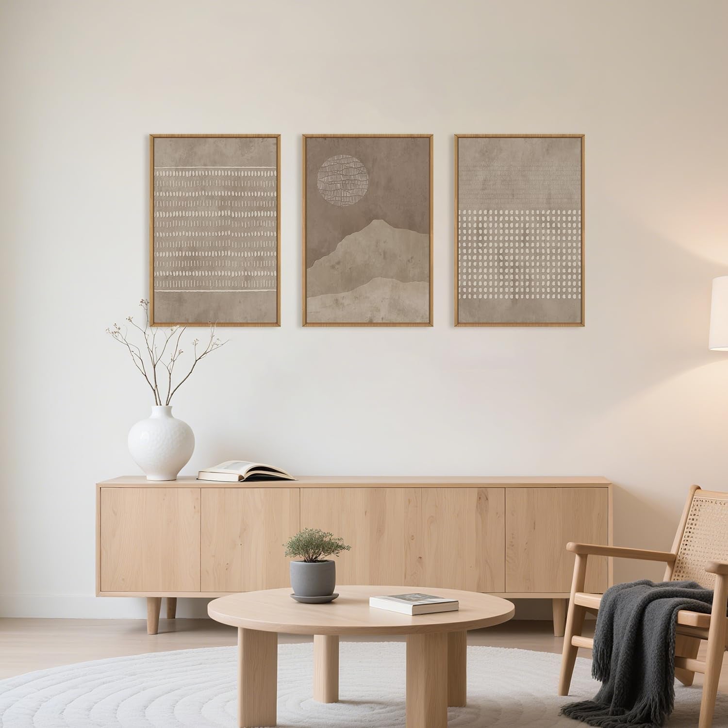 Large Mid Century Tan Beige Framed Canvas Wall Art Set-16"X24"X3 | Neutral Geometric Lines Dots Shapes Wall Decor,Abstract Boho Sunset and Mountain Artwork for Living Room,Bedroom,Office