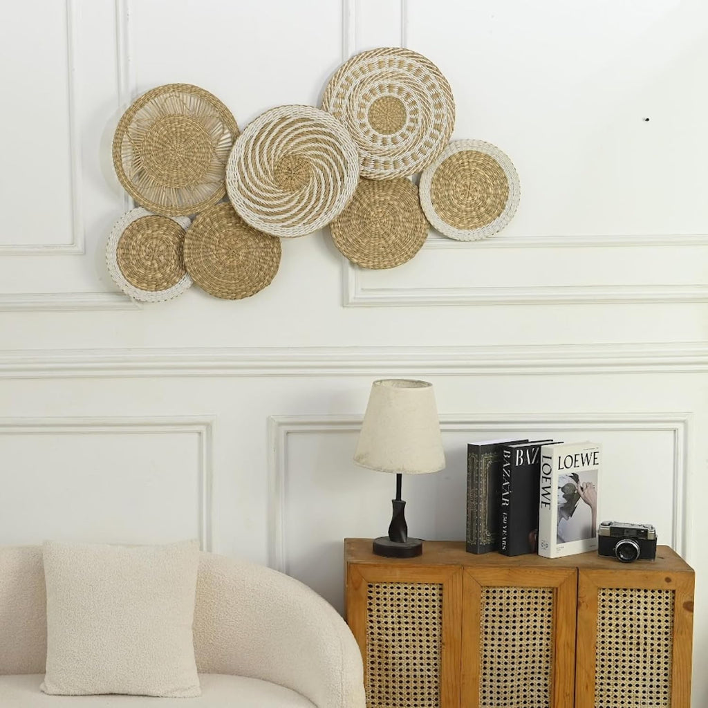 Wicker Wall Decor Set, Seagrass Woven Plates, Medium, Farmhouse | Natural Seagrass Plates That Are Flat and Light Enough for a Living Room or Bedroom Feature