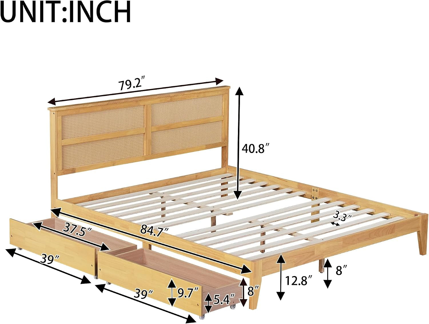White oak rattan king bed frame