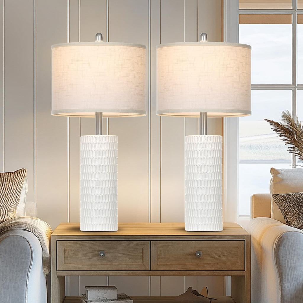 27" Ceramic Table Lamp, Farmhouse Table Lamp for Living Room, White Lamp for Bedroom, Night Stand, Modern Bedside Lamp Set of 2, End Table Lamps, White(2 Bulbs Included)