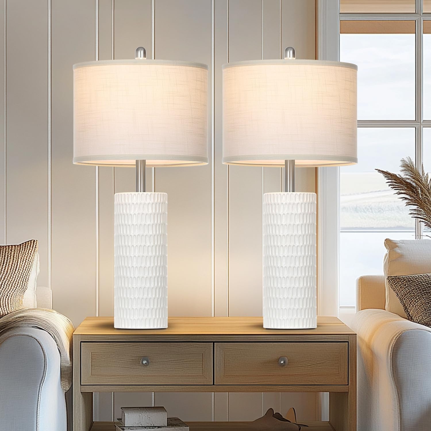 27" Ceramic Table Lamp, Farmhouse Table Lamp for Living Room, White Lamp for Bedroom, Night Stand, Modern Bedside Lamp Set of 2, End Table Lamps, White(2 Bulbs Included)