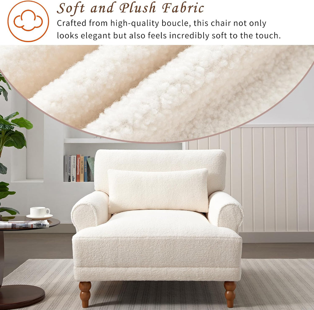 Accent Chair, Boucle Club Chair, Upholstered Lounge Chair, Large Size Armchair Roman Column Legs, Cozy Reading Single Sofa Chair for Living Room, Bedroom, Home Study, White