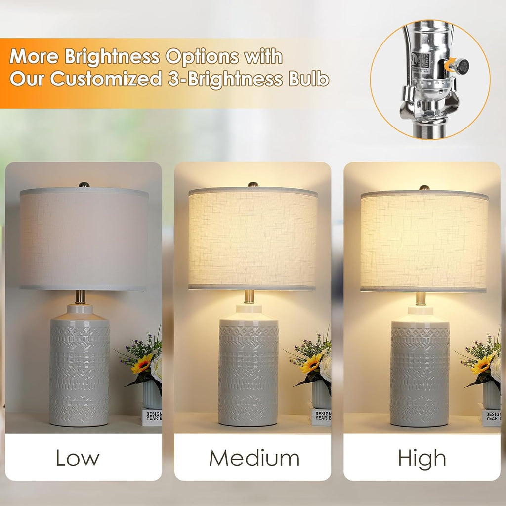 24.5" White Ceramic Table Lamp 3-Way Dimmable Nightstand with White Linen Shade Bedside Lamp for Bedrooms & Living Room Office Reading(Bulb Included)