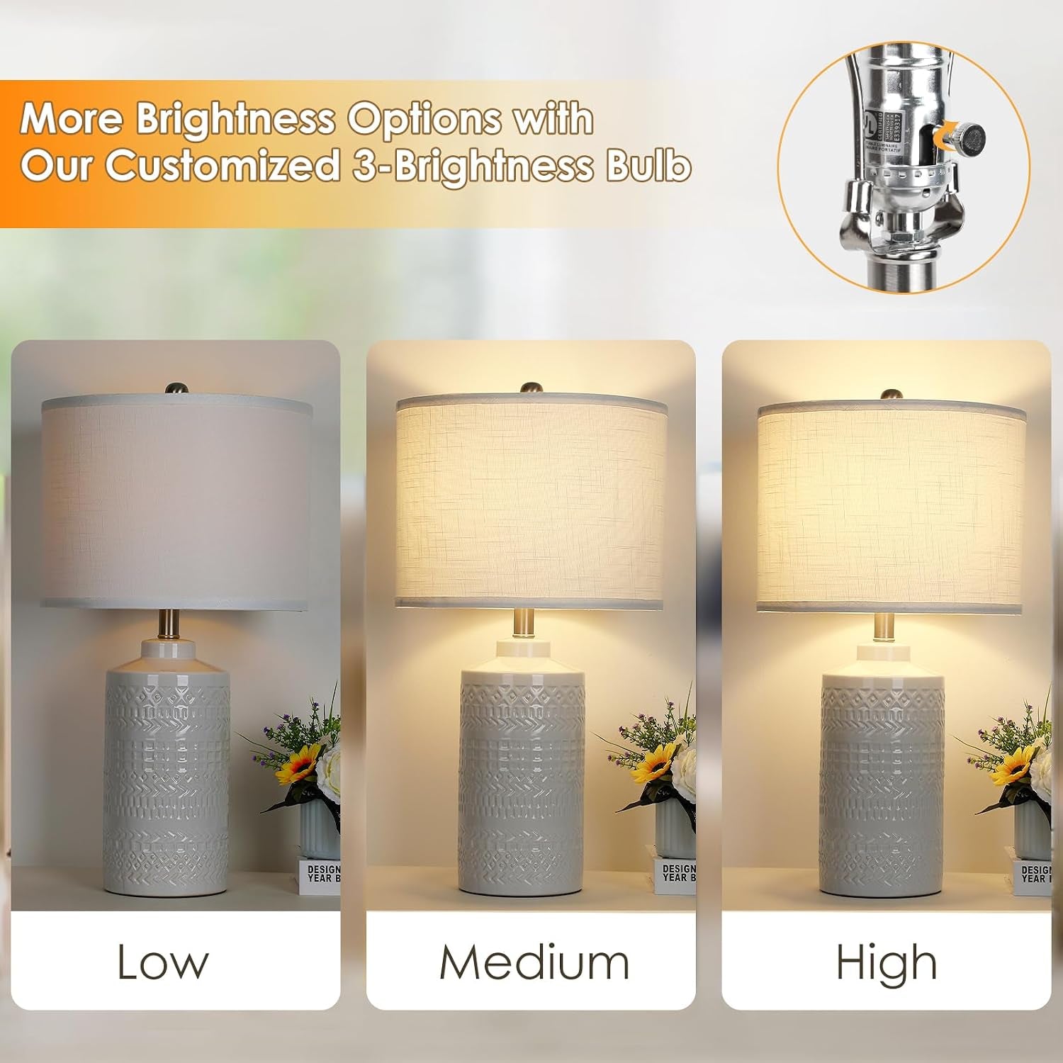 24.5" White Ceramic Table Lamp 3-Way Dimmable Nightstand with White Linen Shade Bedside Lamp for Bedrooms & Living Room Office Reading(Bulb Included)