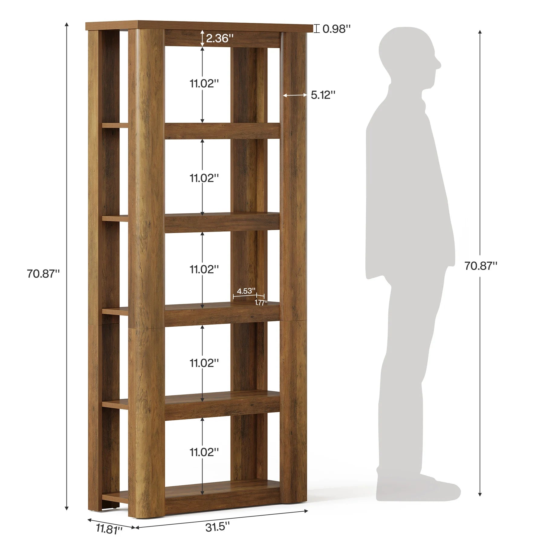 71" Tall Book Shelf, 6-Tier Open Bookshelf, Vintage Bookcase, Floor Standing Display Storage Shelves, for Study Room, Living Room, Home Office, Bedroom, Rustic Brown