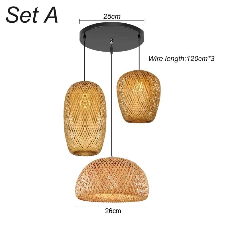 3 Pcs Lustre Rattan Wicker Lamp Shade Pendant Light Bamboo Ceiling Chandelier Set Suspended Luminaire Handmade Home Room Decor