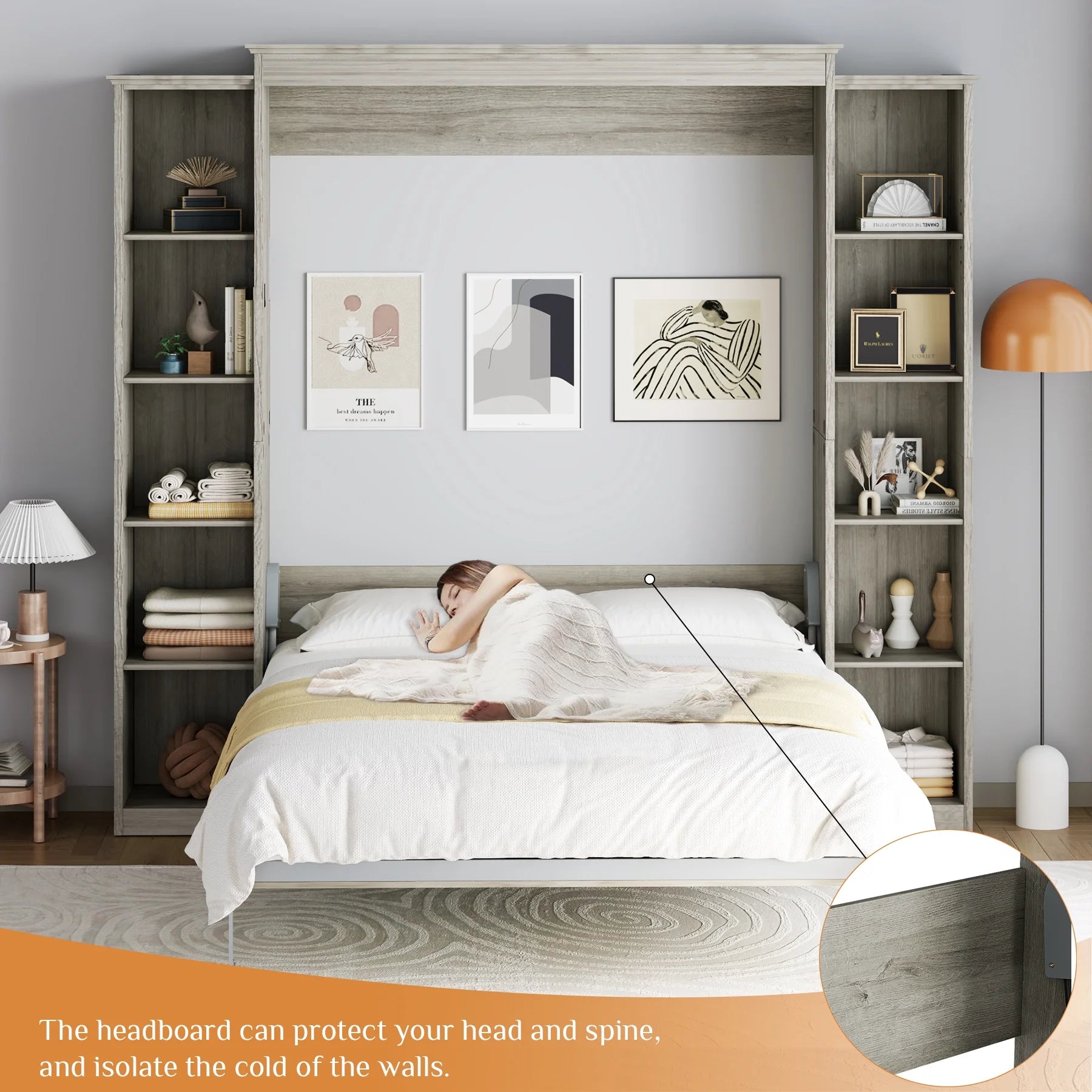 Queen Size Murphy Bed Cabinet in Grey with 5-Tier Storage Shelves, Foldable Platform Bed Wall Cabinet Bedframe for Small Space, Bedroom, Guest Room