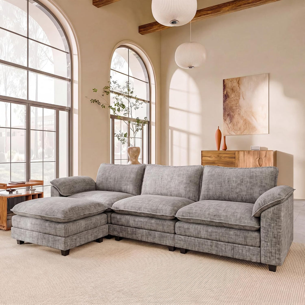 118.9" L Shaped Sectional Couch, Modular Cloud Sofa, Light Grey | Comfy Chenille, Movable Ottoman, Deep Seat, Double Layer Cushion, 3 Seat, High-Density Foam, for Living Room