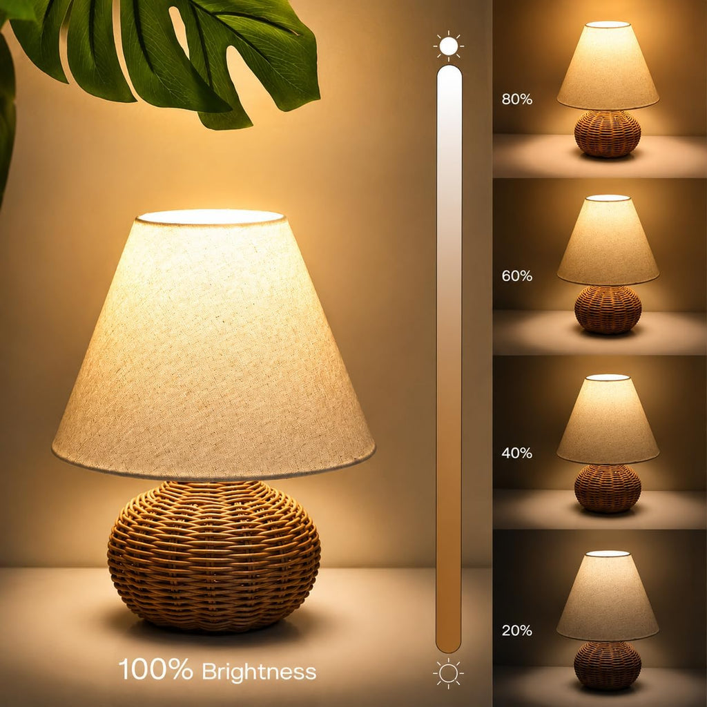 11" Small Mini Wicker Table Lamp, Dimmable Rattan Bamboo Lamp with Off-White Fabric Shade, Boho Accent Light for Nightstand, Nursery, Small Spaces, Kitchen Counter, Bookshelf