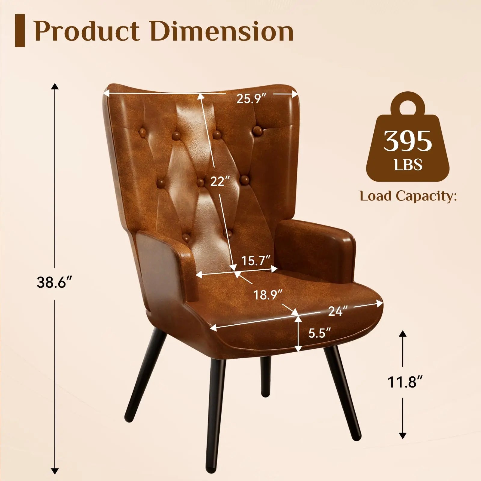 Accent Chair Upholstered PU Leather Living Room Chairs High Back Armchair, Comfy Wingback Chair for Bedroom, Reception Room