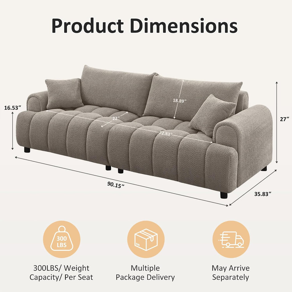 91" Boucle Tufted Sofa, 3 Seater Cloud Couch with Pillows, Camel | Upholstered Cloud Couches, Modern Deep Seat Sherpa Couch for Living Room, Bedroom, Apartment, Comfy Sofa with Back Pillows