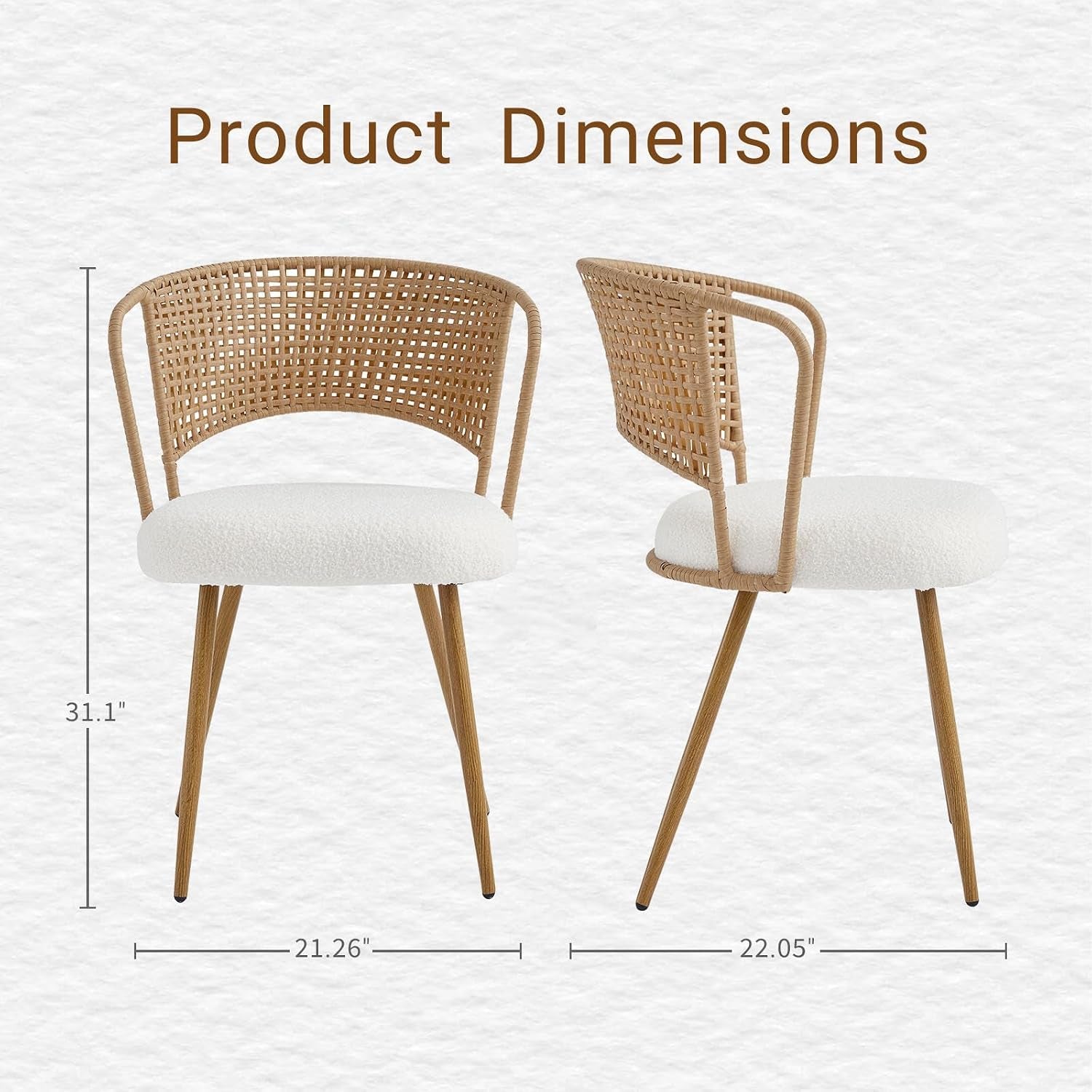Wicker Dining Chairs Set of 4, Farmhouse Cane Back Kitchen Chairs with Upholstered Cushion, Wingback Rattan Dining Chair with Metal Legs & Adjustable Feet, Modern Dining Room Chairs, Brown