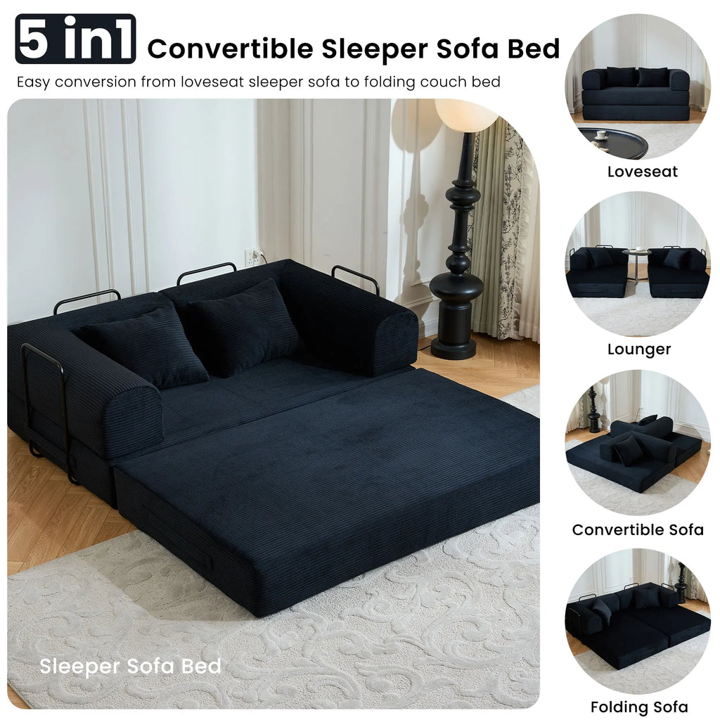 59" Boneless Folding Convertible Sofa Bed, Small 2-Seater Corduroy Futon Floor Couch with Pull Out Sleeper, No Assembly Boneless Loveseat for Living Room