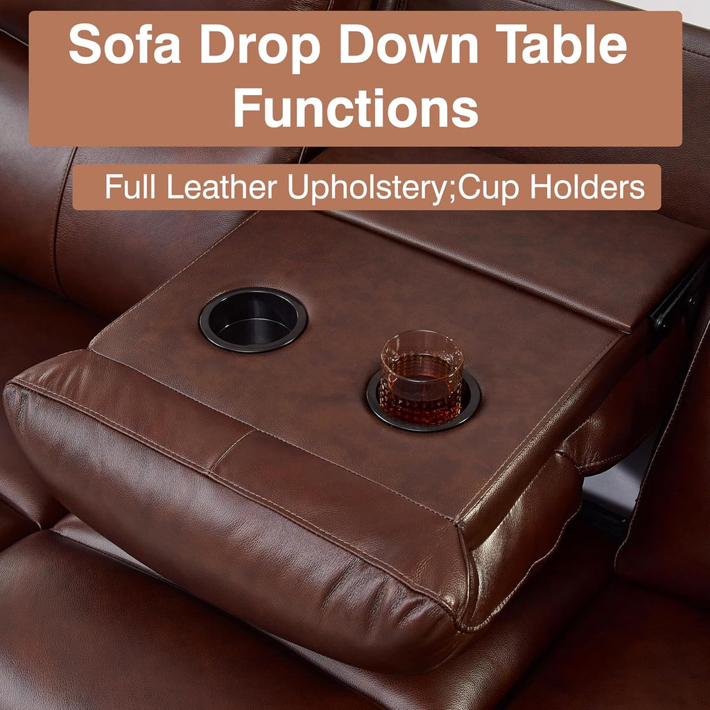 Brown Top Grain Leather Power Recliner Sofa Loveseat Set with USB Port. | Genuine Leather Reclining Sofa, Drop down Table, Ergonomic High Backrest, Cup Holders, Living Room Furniture Sets