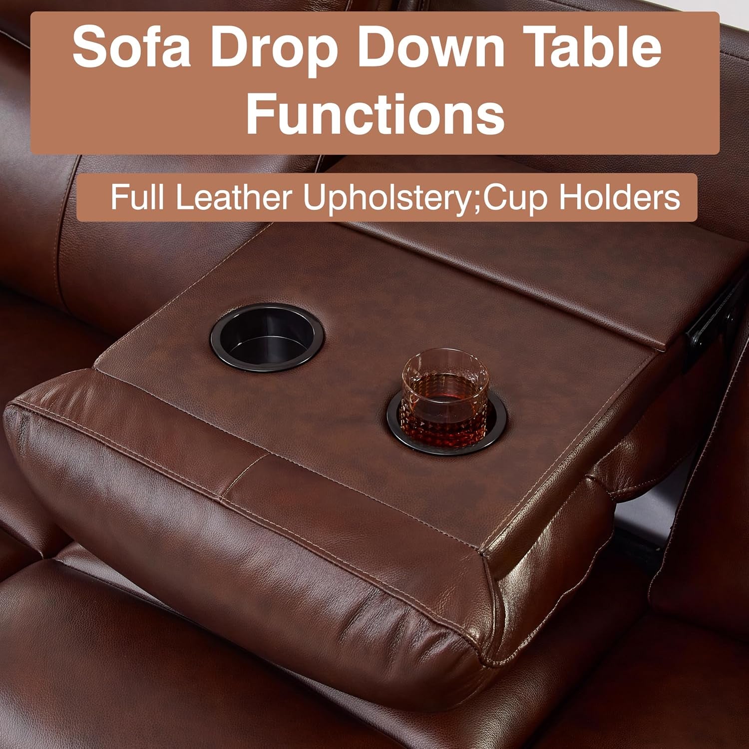 Brown Top Grain Leather Power Recliner Sofa Loveseat Set with USB Port. | Genuine Leather Reclining Sofa, Drop down Table, Ergonomic High Backrest, Cup Holders, Living Room Furniture Sets