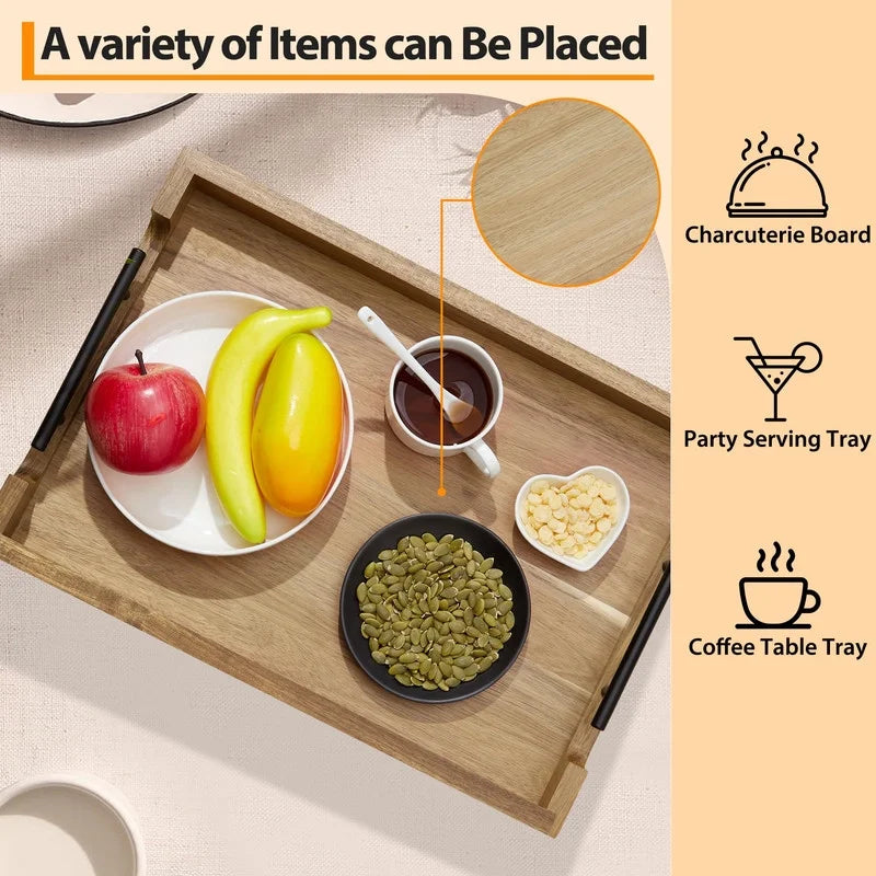 Acacia Wood Serving Tray with Metal Handles, 17X12 Inch Decorative Ottoman Tray for Coffee Table, Breakfast in Bed Tray, Multipurpose Serving Tray for Living Room, Kitchen, Bar