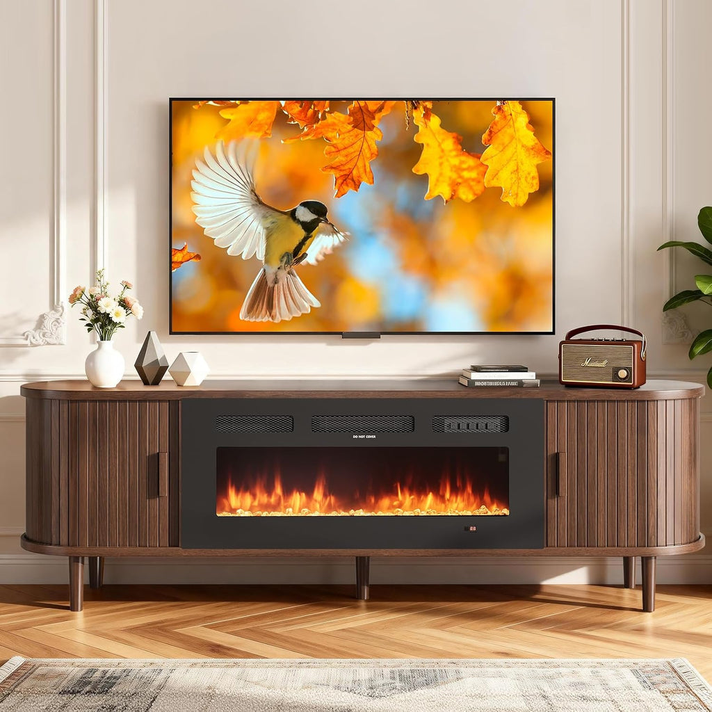 70″ Fluted Fireplace TV Stand, Mid Century Modern TV Stand with 36″ Fireplace for Tvs up to 80", Entertainment Center with Sliding Door & Solid Wood Legs, for Living Room, Walnut