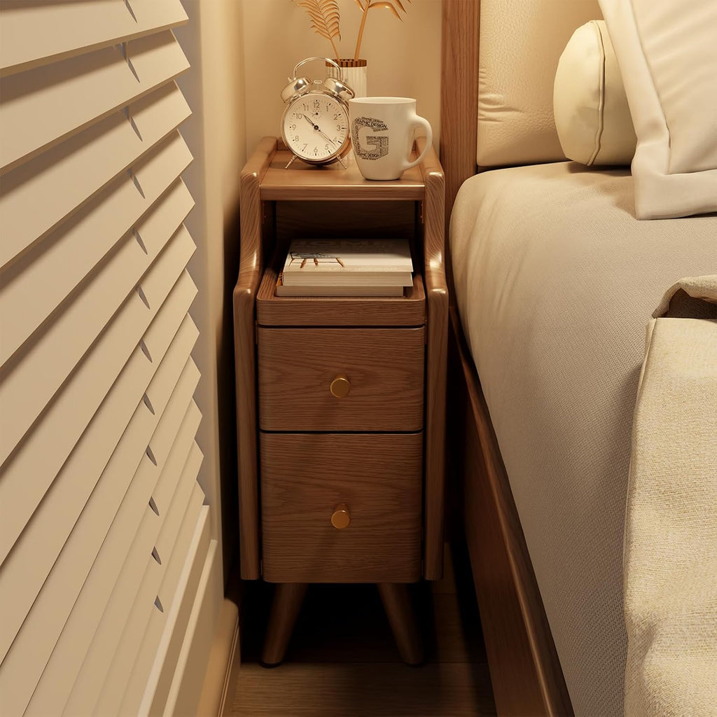 Narrow Nightstand with Drawers, Wood Bedside Table, Small Walnut Nightstand Set of 2