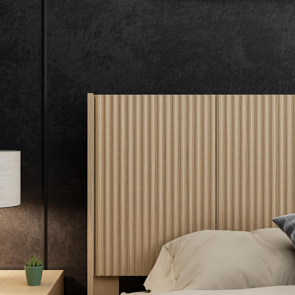Wooden Queen Size Headboard Only, 64.5" Wide Farmhouse Headboards with Wall Mounted Fluted Panel & Wingback for Bedroom, Oak