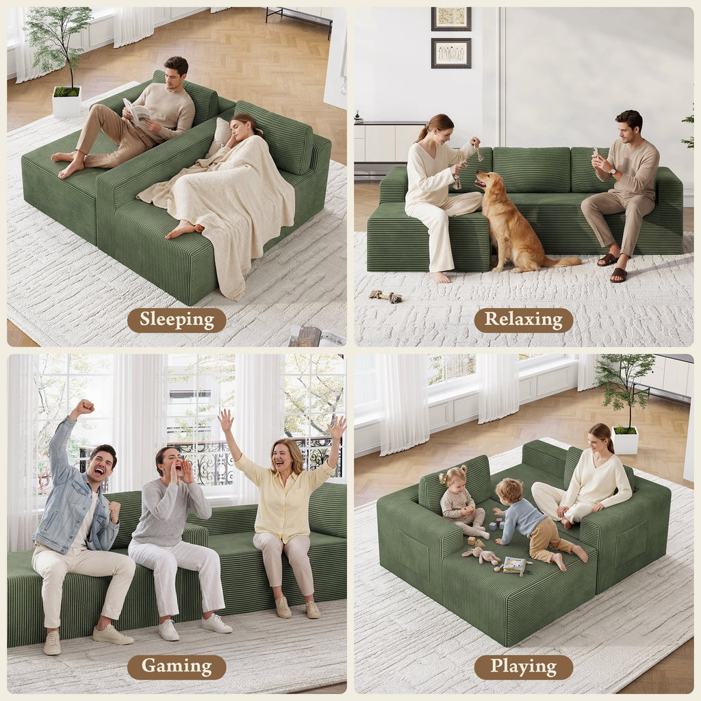 Modular Sectional Sofa Couches L-Shape Couch 3 Seat Modular Sofa Memory Foam Sectional Couches for Living Room, Cloud Couch with Oversized Chaise (Green Stripe, 94.5" Left Facing Chaise)