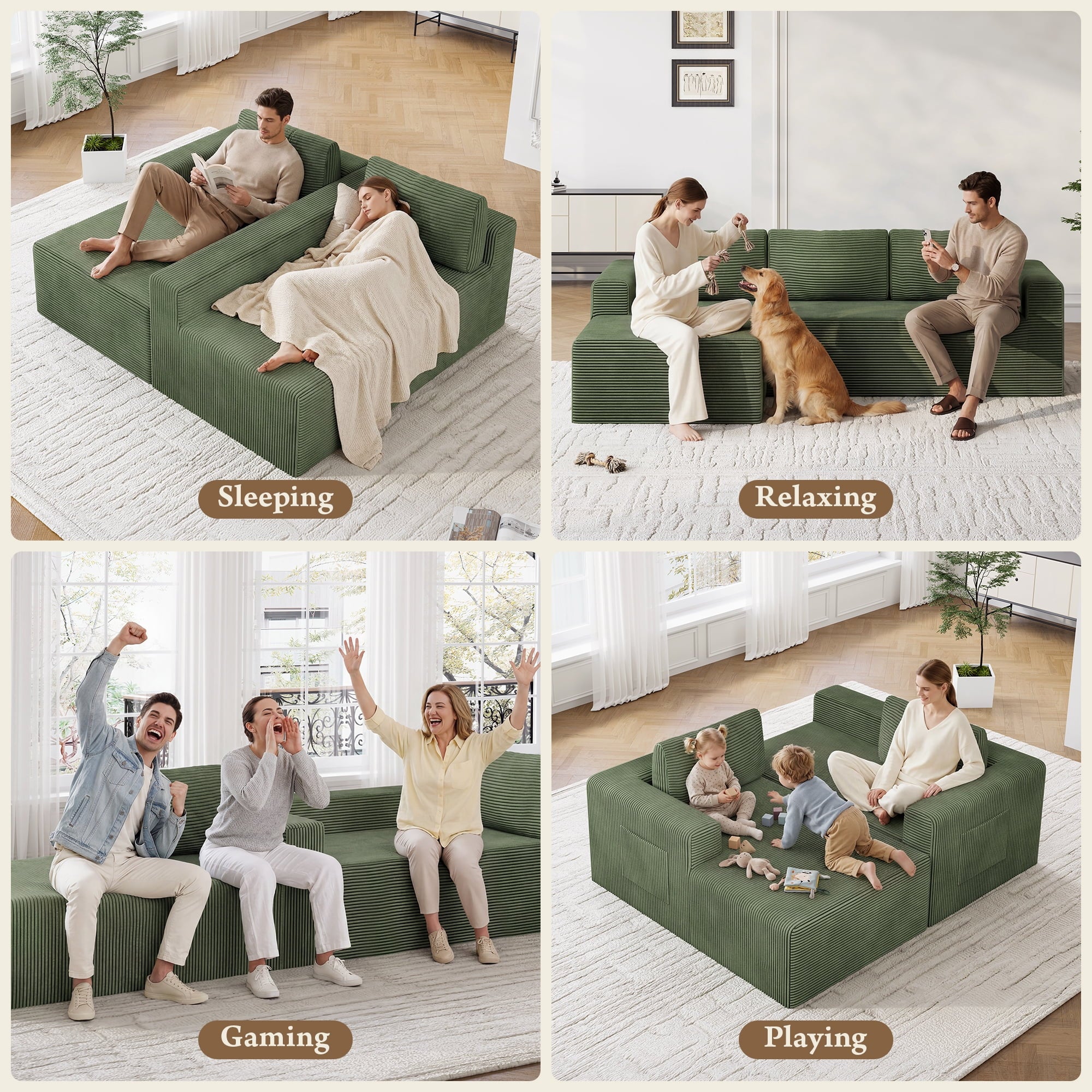 Modular Sectional Sofa Couches L-Shape Couch 3 Seat Modular Sofa Memory Foam Sectional Couches for Living Room, Cloud Couch with Oversized Chaise (Green Stripe, 94.5" Left Facing Chaise)