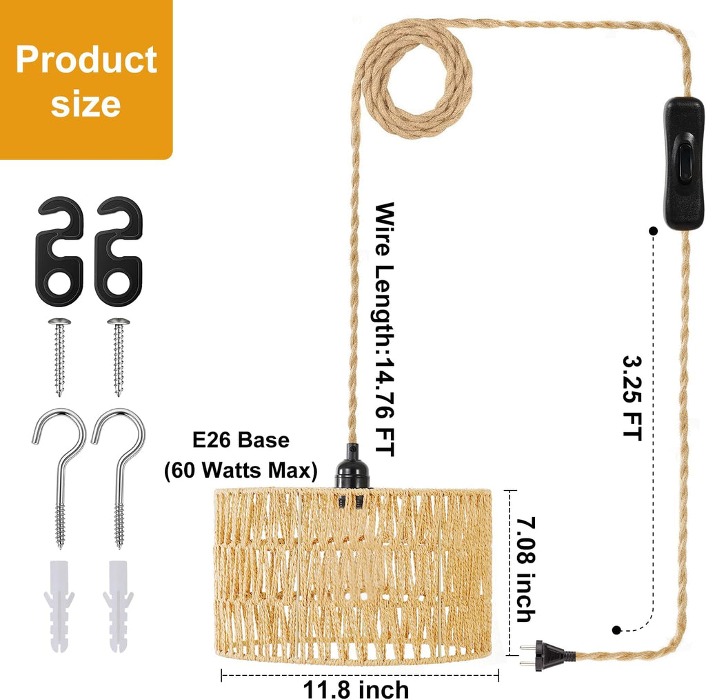Wicker Pendant Light Plug In, Hand-Woven Jute Swag Light with Adjustable Cord, Boho Plug in Pendant Light Rattan Hanging Lamp for Living Room, Dining Room, Corridor Foyer, Gift Use(Nobulb)