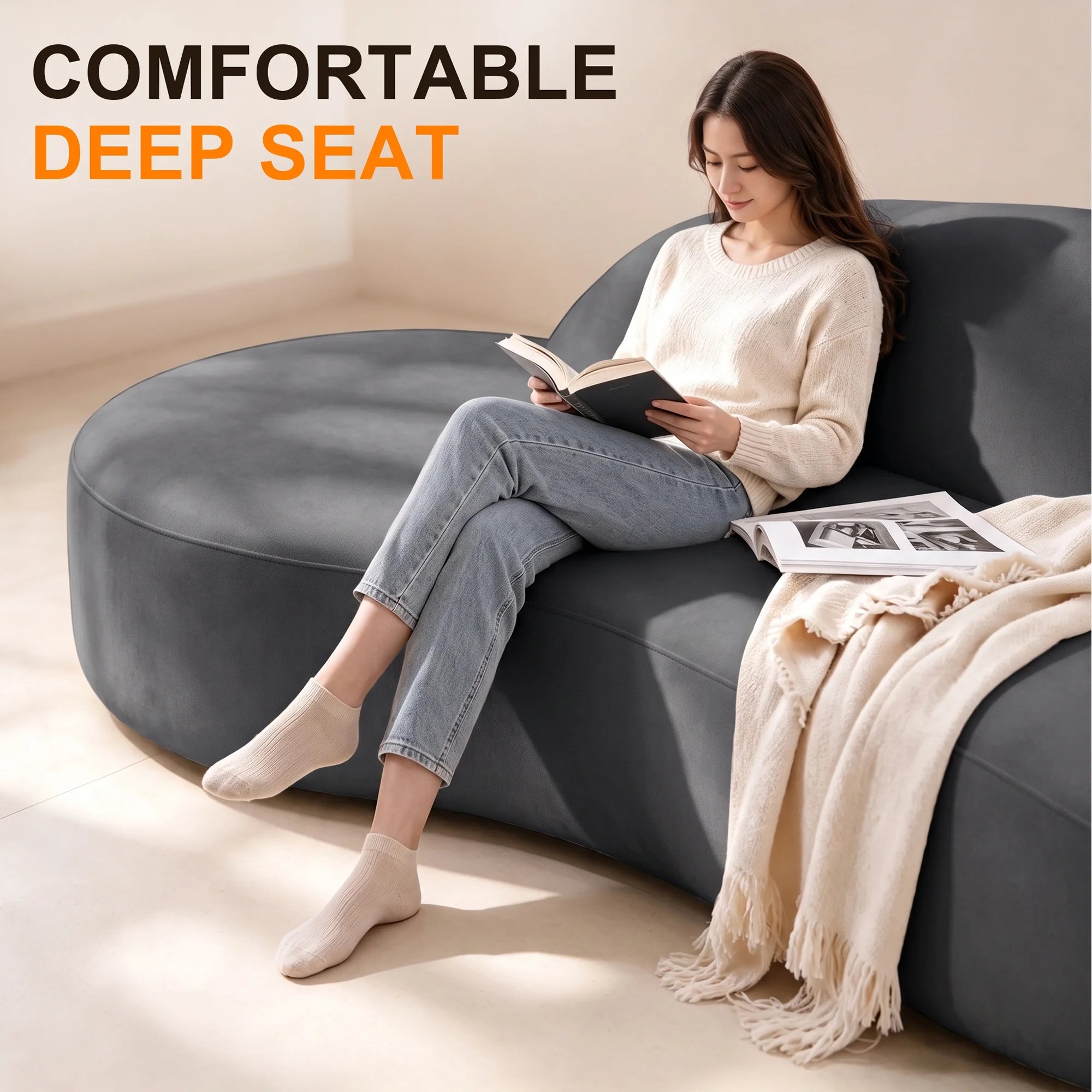 91" Modern Cloud Sofa Curved Boneless Couch Deep Seat Sofa for Living Room Bedroom, Chenille, Dark Gray