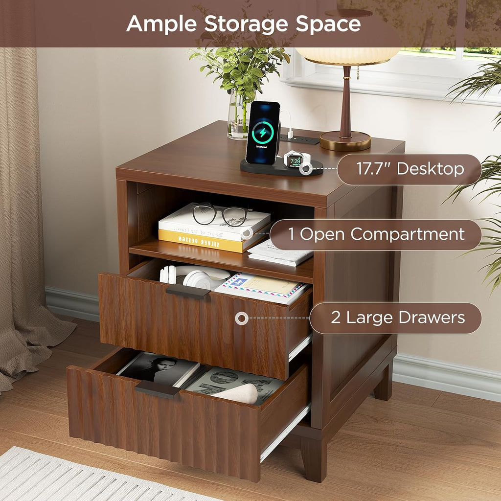 Fluted Nightstand with Charging Station, Modern Night Stand with 2 Slide Drawers and 1 Open Shelf, Walnut End Table with Metal Handles, Bedside Table for Bedroom, 17.7 X 17.7 X 23.6In