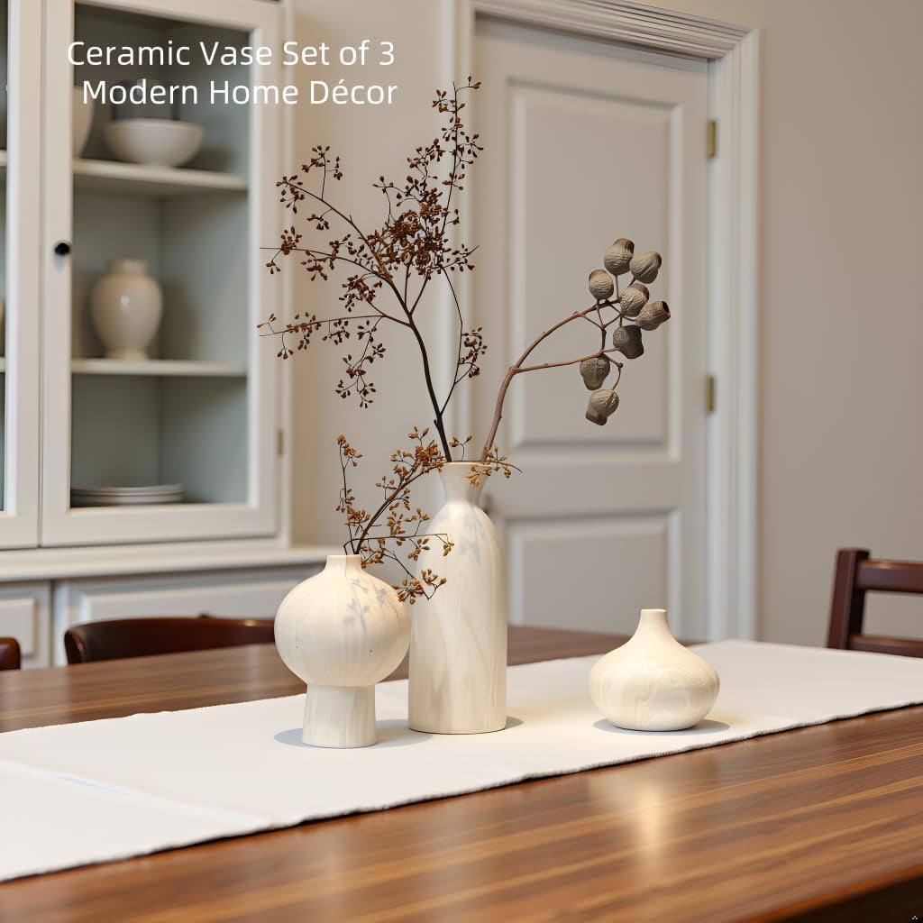 White Ceramic Vase Set of 3, Modern Organic Home Decor | Aged-Stone Texture, Sculptural Silhouettes, Effortless Neutral Styling, Display Together or Separately on Shelves and Mantels
