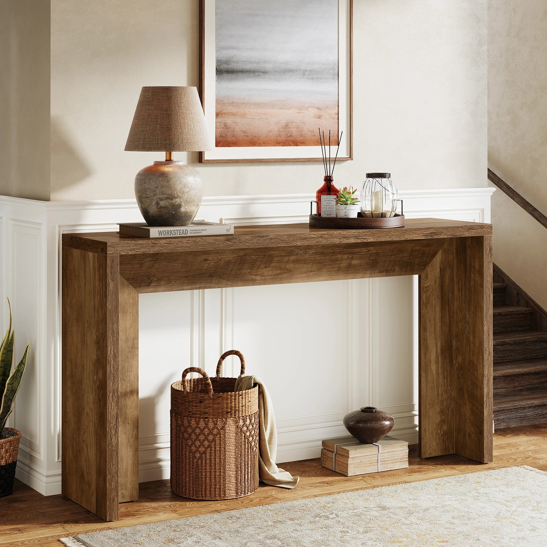 Farmhouse Console Table, 55-Inch Wooden Sofa Table with Storage for Entryway, Foyer, Hallway, Living Room, Brown