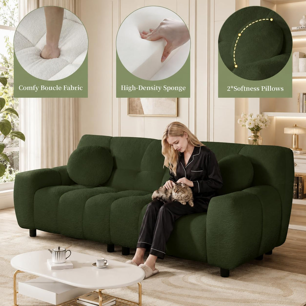 72.8" Cloud Couch Sherpa Modern Loveseat Comfy Boucle Sofa, Green | Boucle Sofa Modern Cloud Couch Comfy Loveseat, Deep Seat Sherpa Tufted Couches for Living Room, Office, Bedroom