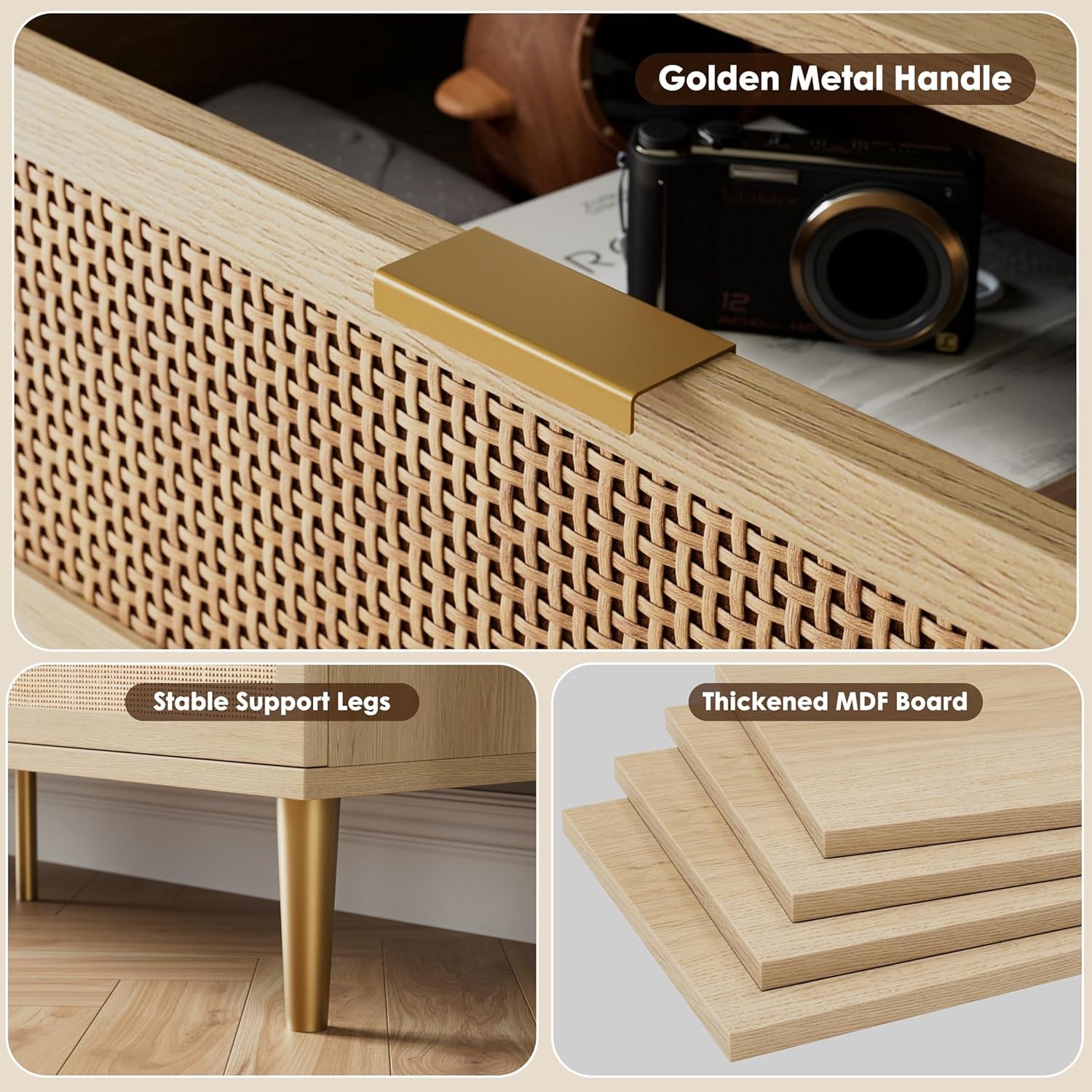 Rattan 9 Drawer Dressers for Bedroom, Deep Drawer, Natural | Tall Dresser, Wide Top, for Living Room, Hallway, Kids Room, Large Chest of Drawers for Closet, Long Wooden Dresser