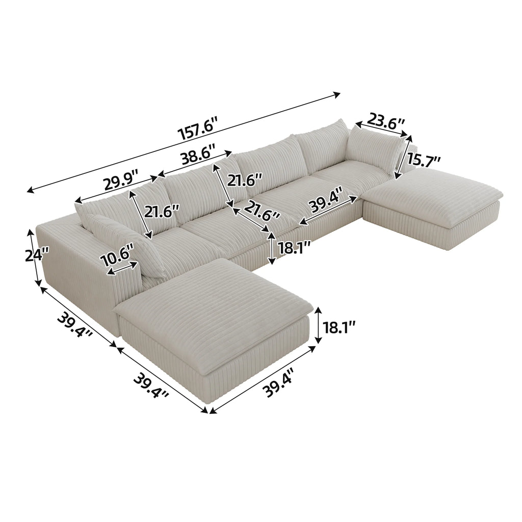157.6” Corduroy Modular Sectional Sofa,U Shaped Sectional Sofa Couches with Movable Ottoman Chaise,Deep Seat Comfy Cloud Sofa for Living Room,Beige