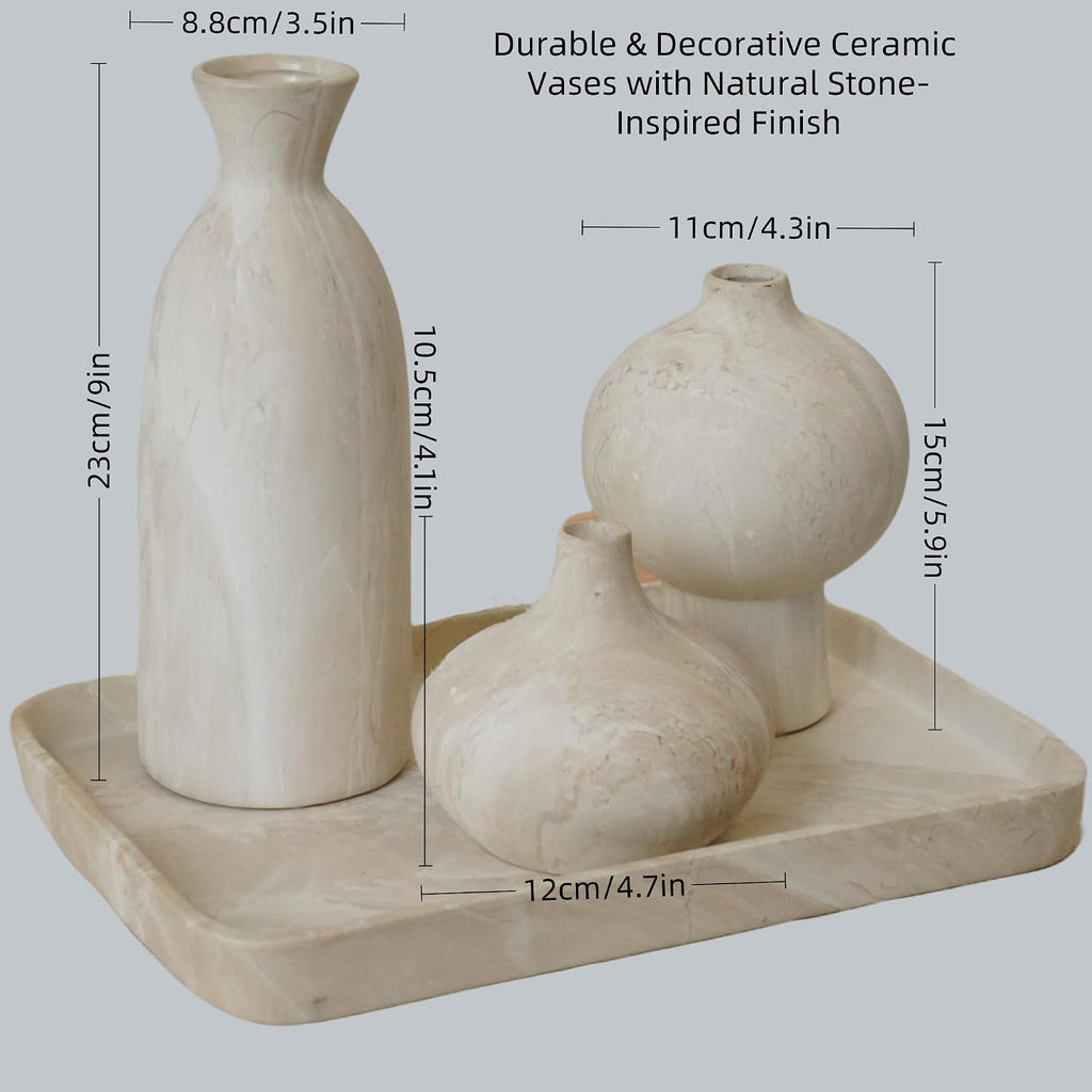 White Ceramic Vase Set of 3, Modern Organic Home Decor | Aged-Stone Texture, Sculptural Silhouettes, Effortless Neutral Styling, Display Together or Separately on Shelves and Mantels