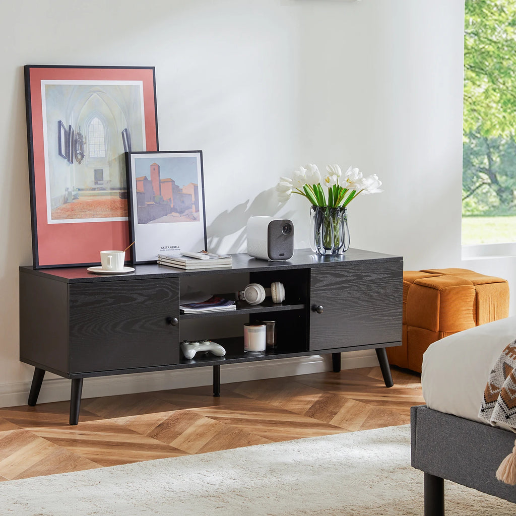 Wooden Fireplace Tv Stand for up to 60 Inch TV Entertainment Center for Living Room Media Console Adjustable Shelf 2 Storage