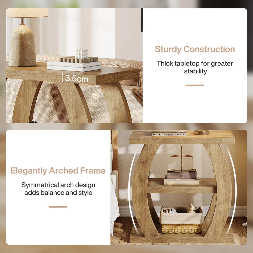 End Table for Living Room, 3-Tier Narrow Side Table with Storage, Farmhouse Wooden beside Table with Geometric Frame, Tall Nightstand for Bedroom, Small Spaces, Natural Oak