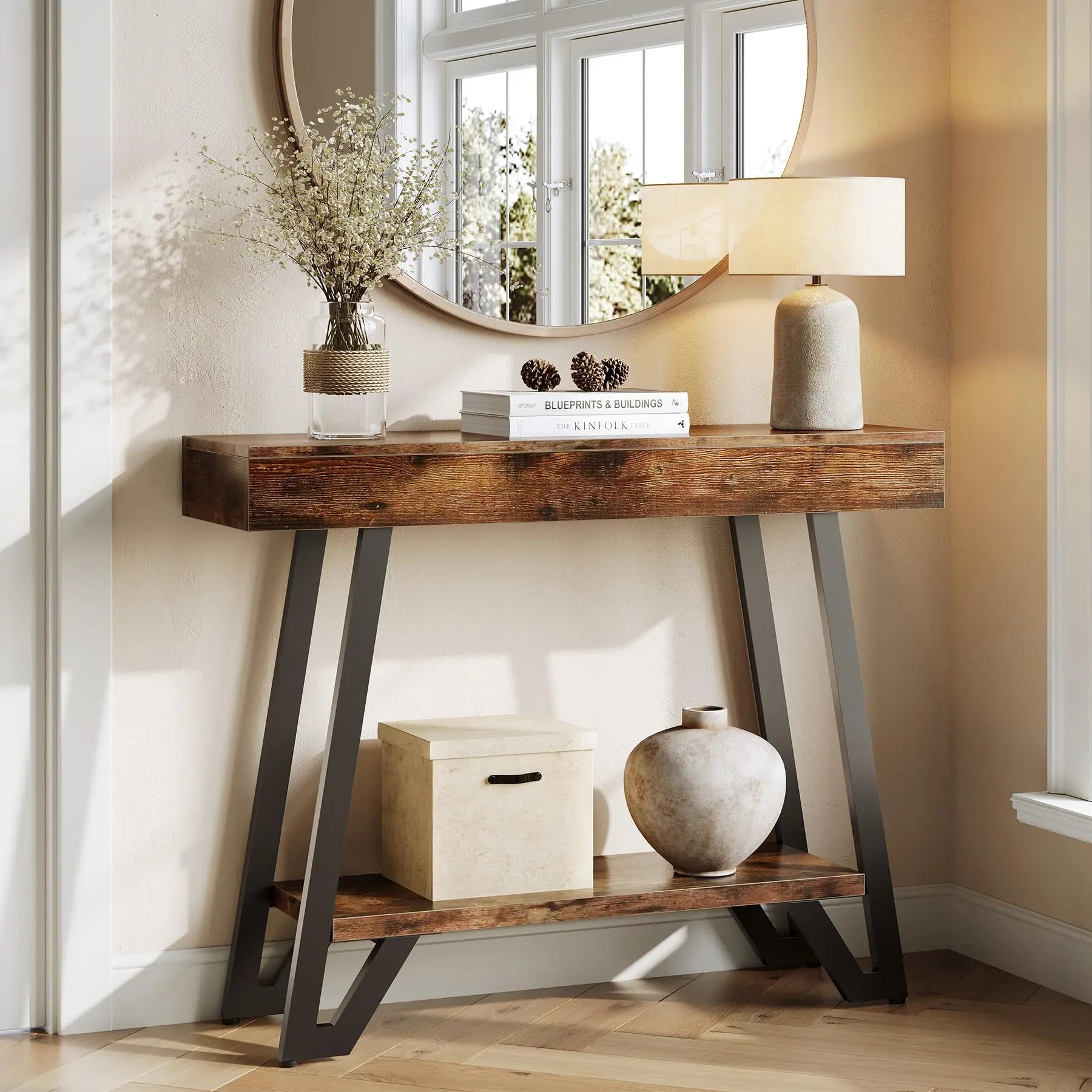 41'' Console Table with Metal Frame, 2-Tier Entryway Tables with Storage Shelves, Hallway Sofa Table for Living Room