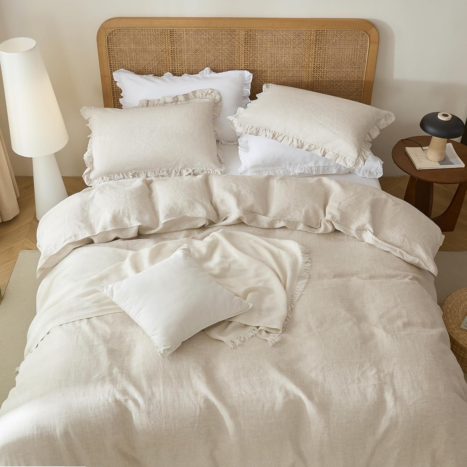 100% French Linen Queen Duvet Cover Set, Organic Linen | Organic French Linen 3PC Duvet Cover Set,Cooling for Hot Sleepers,Moisture Wicking Durable,Ruffle Pillow Shams,Natural Linen