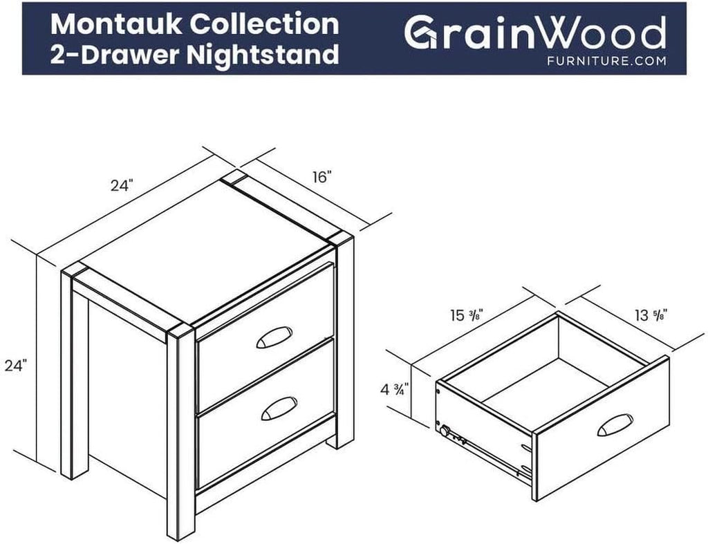 Montauk 2-Drawer Bedside Nightstand, Solid Wood with Rustic Walnut Finish