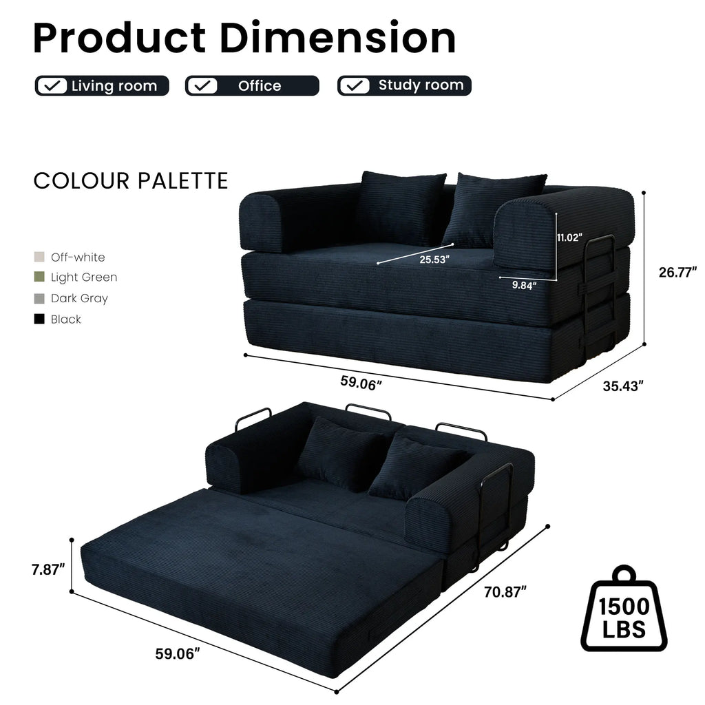 59" Boneless Folding Convertible Sofa Bed, Small 2-Seater Corduroy Futon Floor Couch with Pull Out Sleeper, No Assembly Boneless Loveseat for Living Room