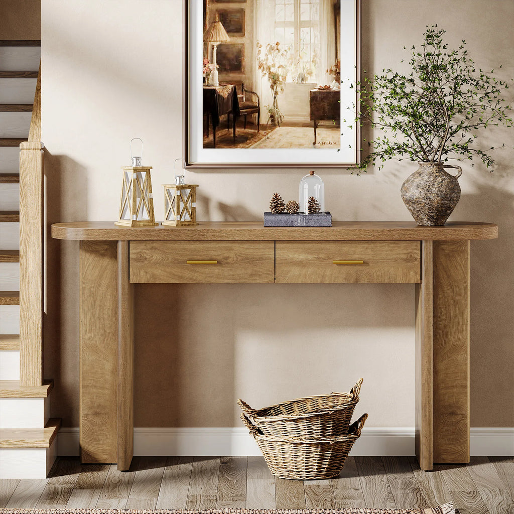 63-Inch Console Table with 2 Drawers, Farmhouse Oval Curved Entryway Table with Storage for Living Room, Hallway, Entrance, Brown