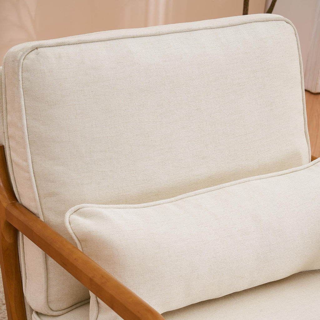Modern Arm Chair Linen Fabric Upholstered Comfy Reading Accent Chair with Solid Wood Frame Beige