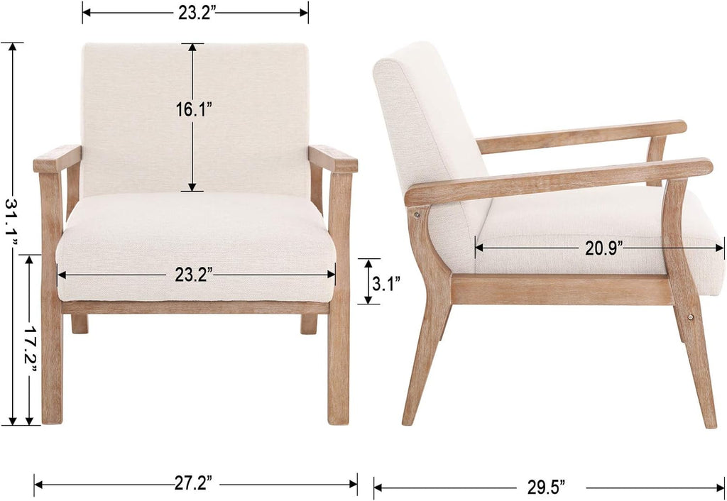 Mid Century Modern Accent Chair Beige Linen Armchair | Solid Wood Frame, Side Chairs for Living Room, Bedroom, Upholstered Sitting Chair, Comfortable Chair