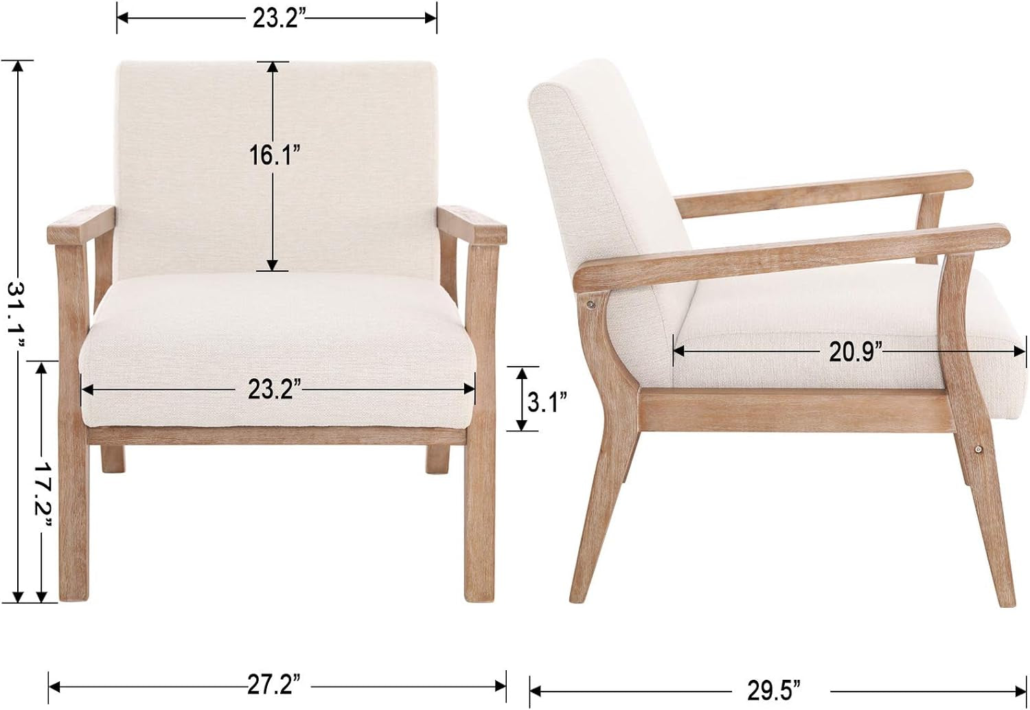 Mid Century Modern Accent Chair Beige Linen Armchair | Solid Wood Frame, Side Chairs for Living Room, Bedroom, Upholstered Sitting Chair, Comfortable Chair