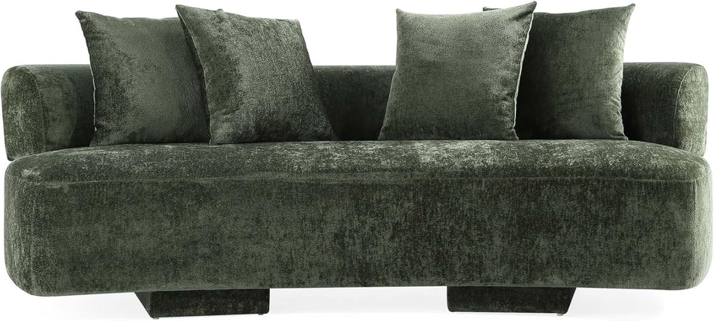 Verandah 90.6” Chenille Sofa with 4 Accent Pillows, Curved Back, Upholstered Wrap around Legs, Mid-Century Modern Living Room Furniture, Fully Assembled Couch, Olive Green