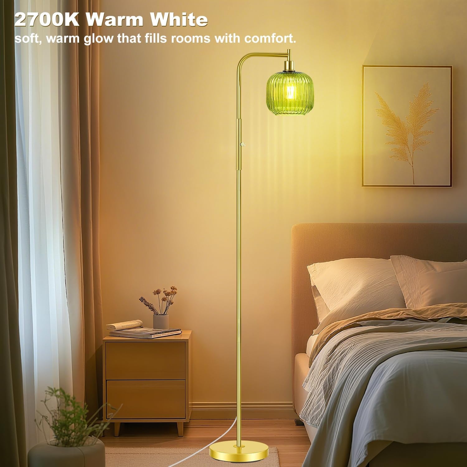 Dimmable Gold Floor Lamp with Ribbed Shade, Vintage Green Standing Lamp Dimmable with Solid Base, Arc Floor Lamps Glass for Living Room, Bedroom, Office, Decorative Tall Corner Lamps Gift Use